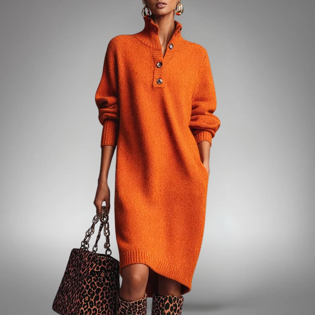Dames Sweater Jurk Midi met Staande Kraag, Knoopsluiting en Lange Mouwen Oranje