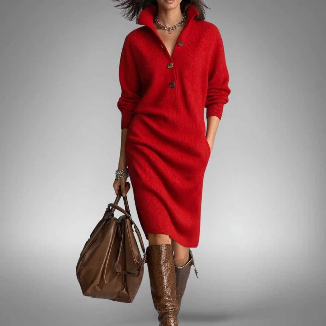 Dames Sweater Jurk Midi met Staande Kraag, Knoopsluiting en Lange Mouwen Rood