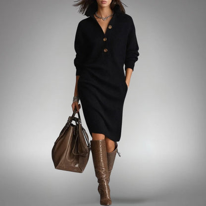 Dames Sweater Jurk Midi met Staande Kraag, Knoopsluiting en Lange Mouwen Zwart