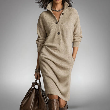 Dames Sweater Jurk Midi met Staande Kraag, Knoopsluiting en Lange Mouwen Beige