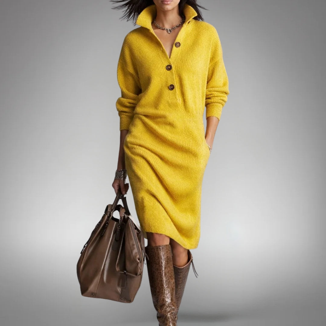 Dames Sweater Jurk Midi met Staande Kraag, Knoopsluiting en Lange Mouwen Geel