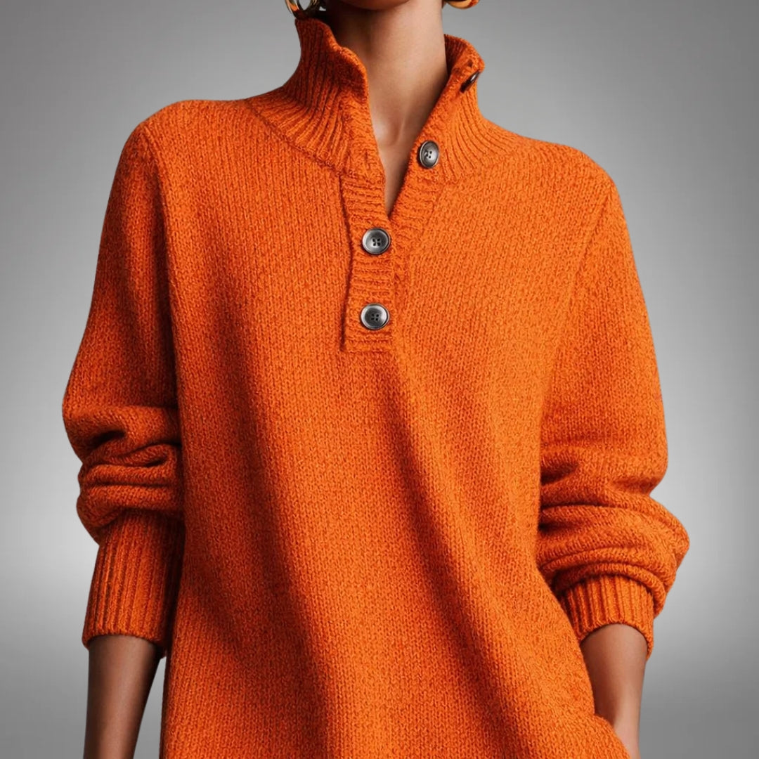 Dames Sweater Jurk Midi met Staande Kraag, Knoopsluiting en Lange Mouwen