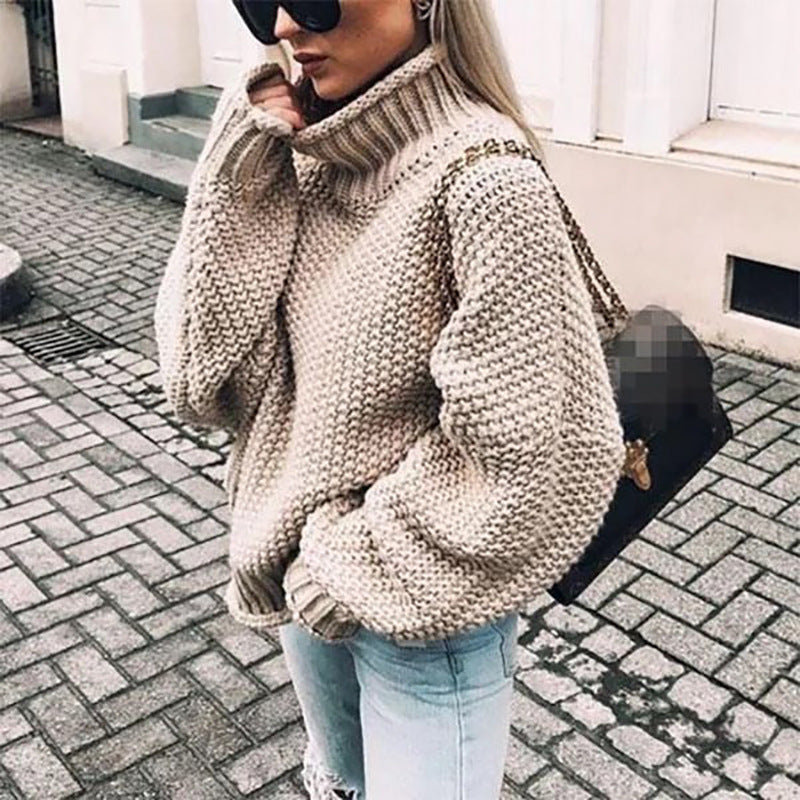 Dames Sweater Lange Mouw met Coltrui en Structuurpatroon Khaki