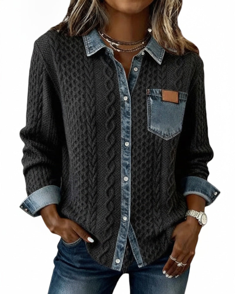 Dames Sweater Lange Mouw met Denim Details en Knoopsluiting