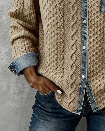 Dames Sweater Lange Mouw met Denim Details en Knoopsluiting