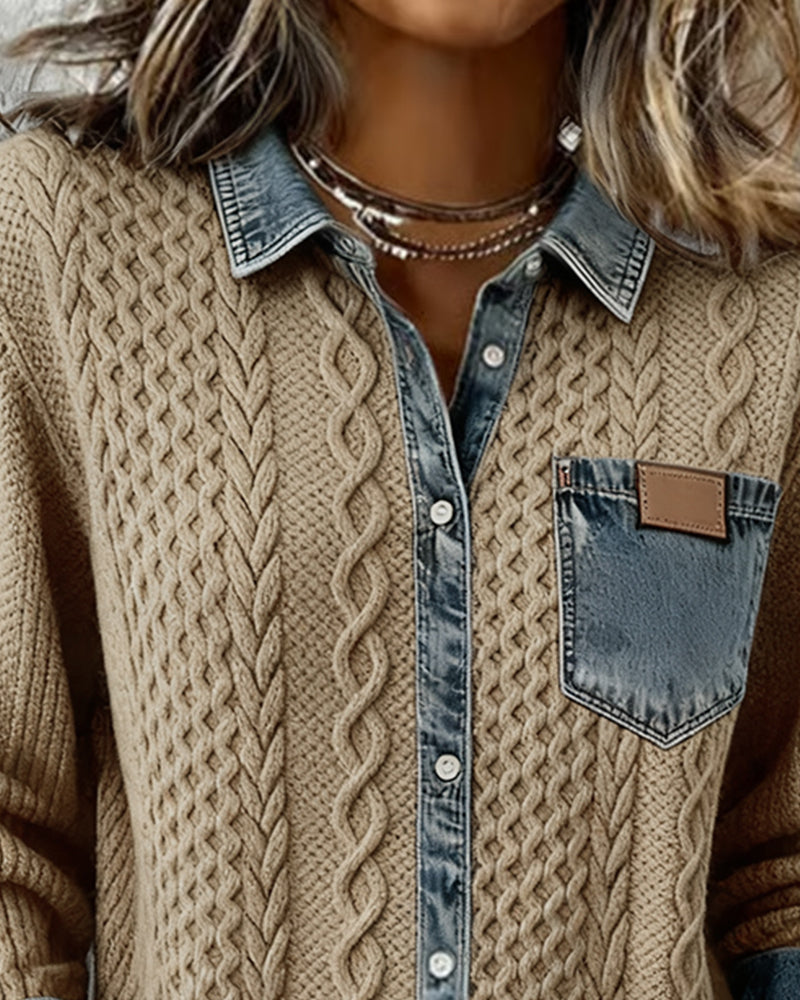 Dames Sweater Lange Mouw met Denim Details en Knoopsluiting