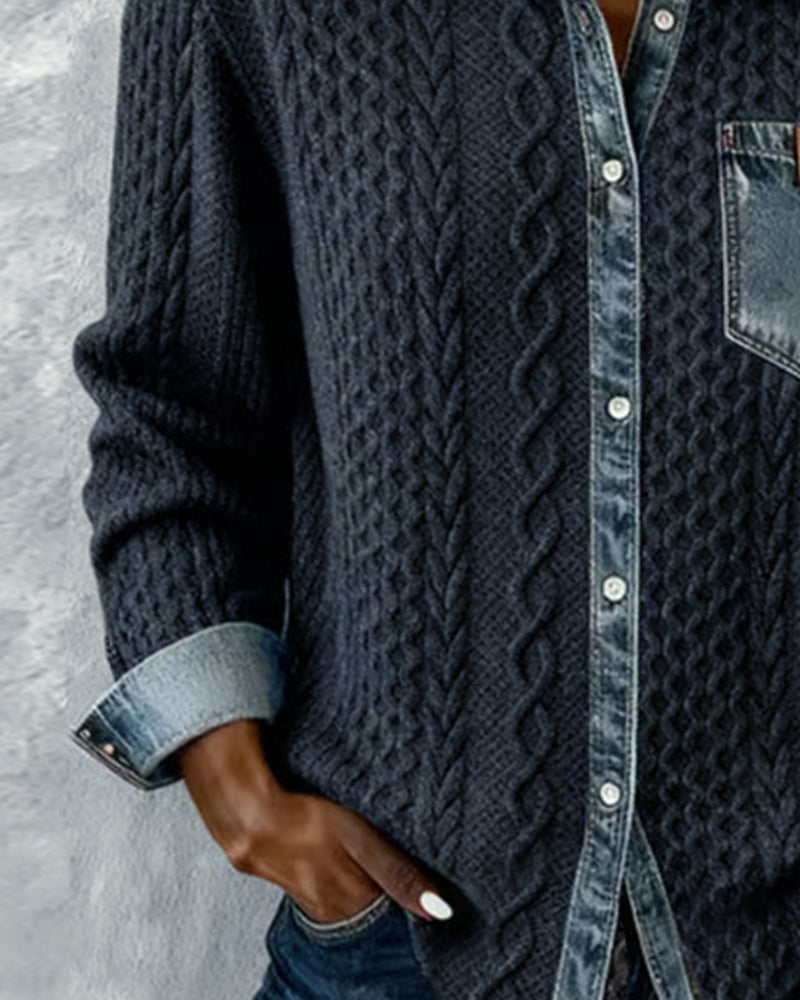 Dames Sweater Lange Mouw met Denim Details en Knoopsluiting