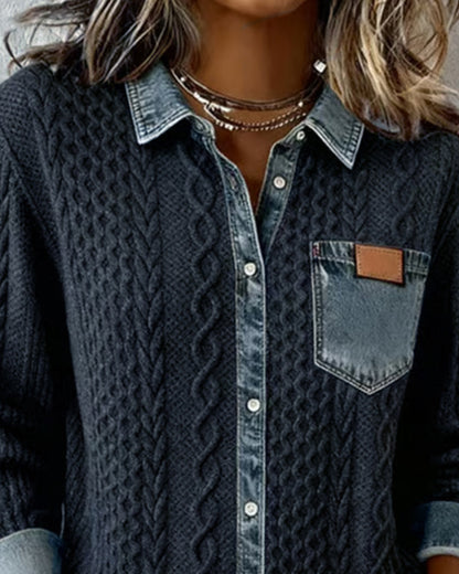 Dames Sweater Lange Mouw met Denim Details en Knoopsluiting