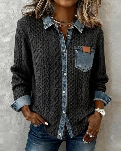 Dames Sweater Lange Mouw met Denim Details en Knoopsluiting Donkergrijs