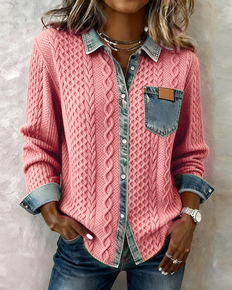 Dames Sweater Lange Mouw met Denim Details en Knoopsluiting Roze
