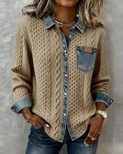 Dames Sweater Lange Mouw met Denim Details en Knoopsluiting Khaki