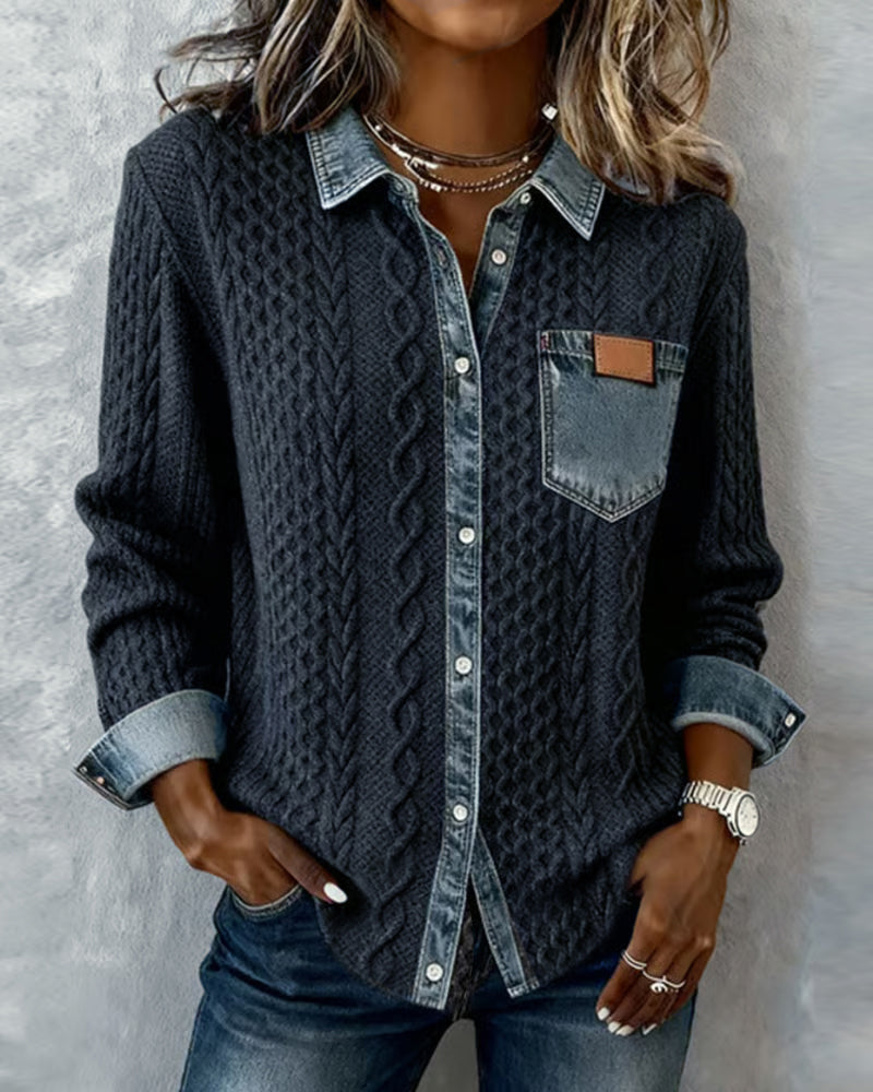 Dames Sweater Lange Mouw met Denim Details en Knoopsluiting Donkerblauw