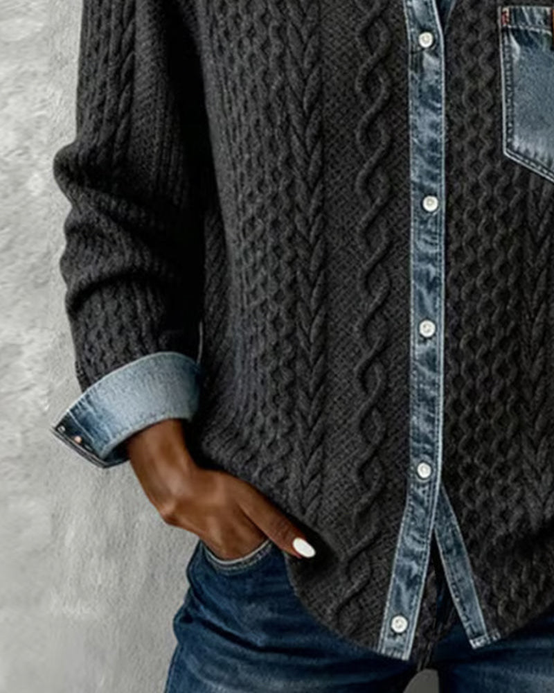 Dames Sweater Lange Mouw met Denim Details en Knoopsluiting