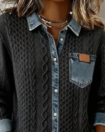 Dames Sweater Lange Mouw met Denim Details en Knoopsluiting