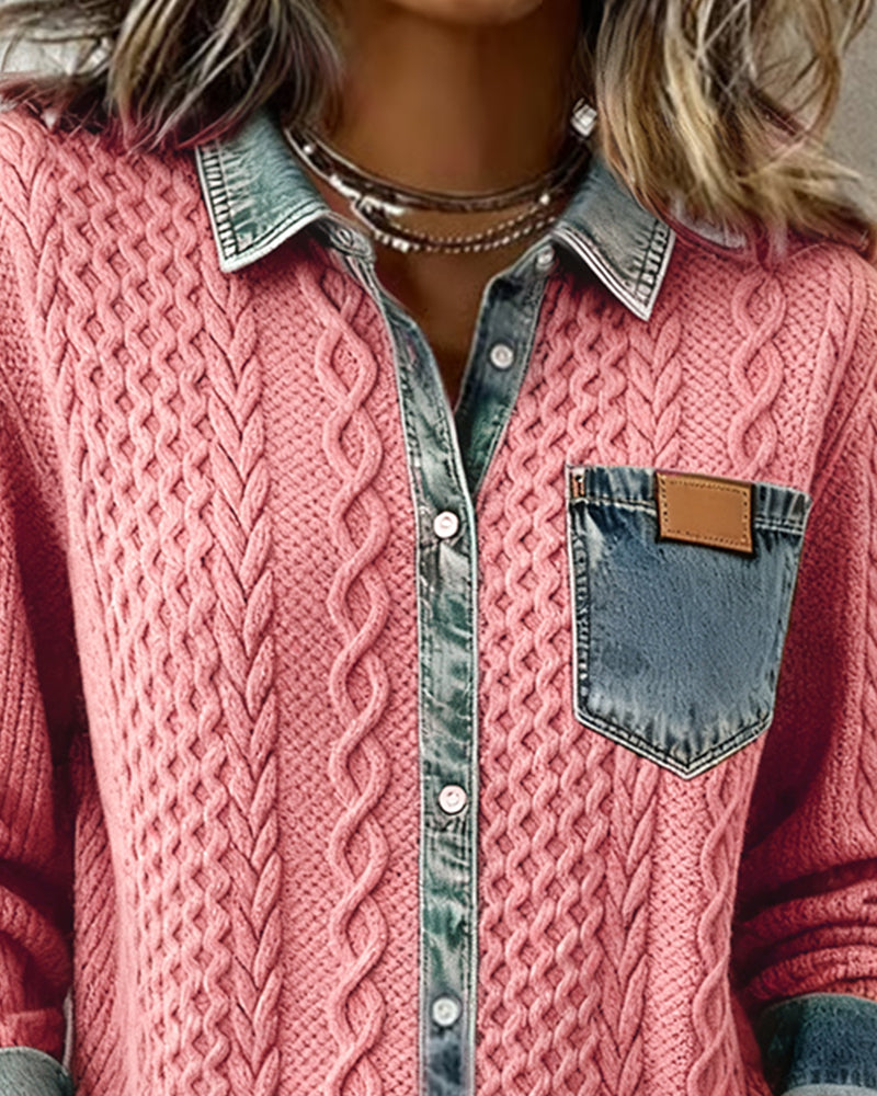 Dames Sweater Lange Mouw met Denim Details en Knoopsluiting
