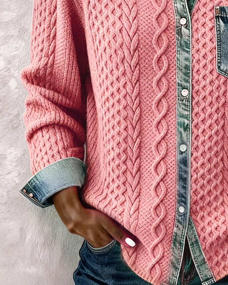 Dames Sweater Lange Mouw met Denim Details en Knoopsluiting