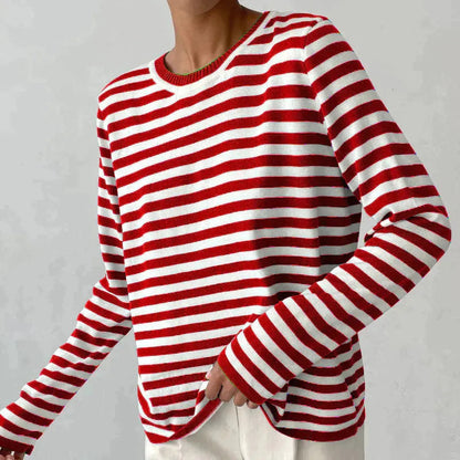 Dames Sweater Lange Mouw met Ronde Hals en Strepen Rood