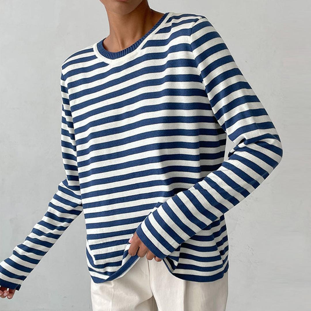 Dames Sweater Lange Mouw met Ronde Hals en Strepen Blauw