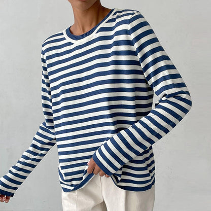 Dames Sweater Lange Mouw met Ronde Hals en Strepen Blauw