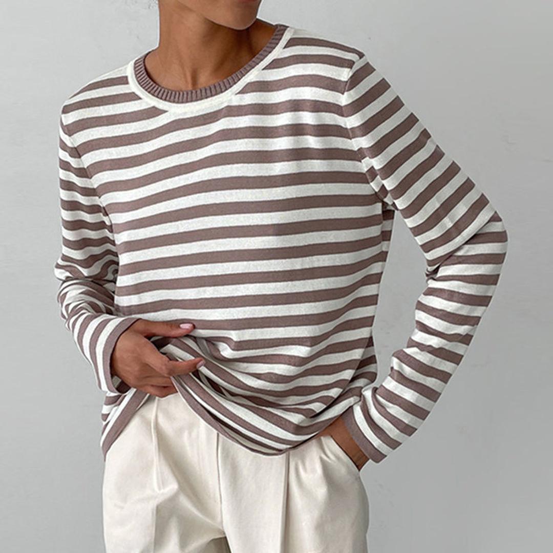 Dames Sweater Lange Mouw met Ronde Hals en Strepen Bruin