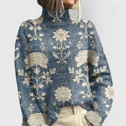 Dames Sweater met Coltrui Lange Mouw en Bloemenprint Lichtblauw