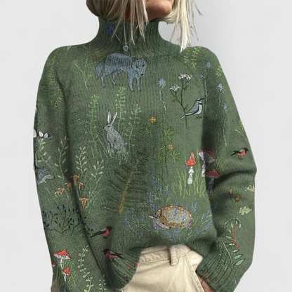 Dames Sweater met Coltrui Lange Mouw en Bloemenprint Groen