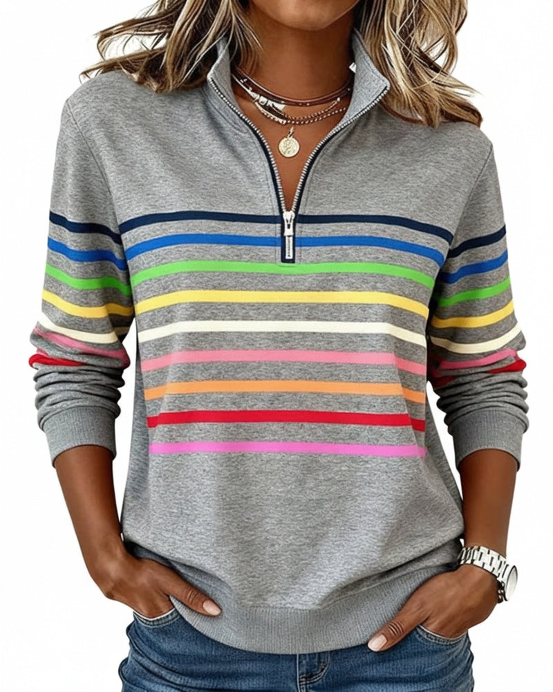 Dames Sweater met Kleurrijke Strepen en Halfhoge Rits