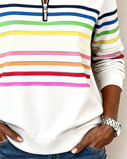 Dames Sweater met Kleurrijke Strepen en Halfhoge Rits