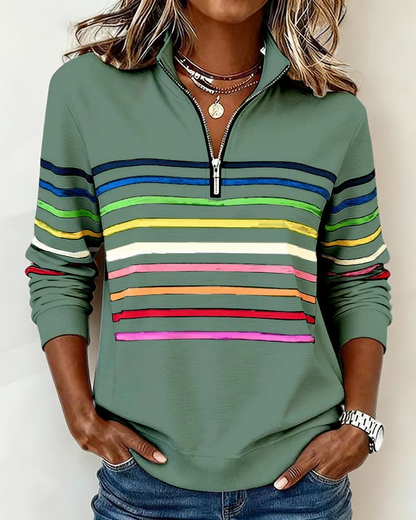Dames Sweater met Kleurrijke Strepen en Halfhoge Rits Groen