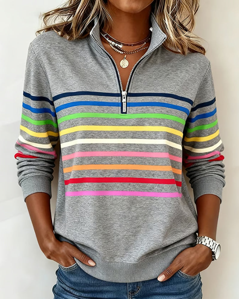 Dames Sweater met Kleurrijke Strepen en Halfhoge Rits Grijs