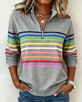 Dames Sweater met Kleurrijke Strepen en Halfhoge Rits