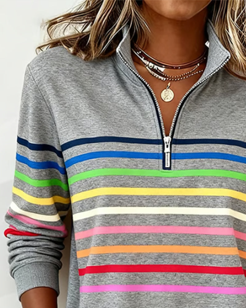 Dames Sweater met Kleurrijke Strepen en Halfhoge Rits