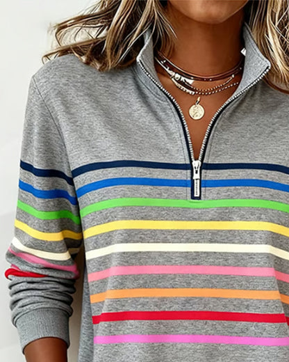 Dames Sweater met Kleurrijke Strepen en Halfhoge Rits