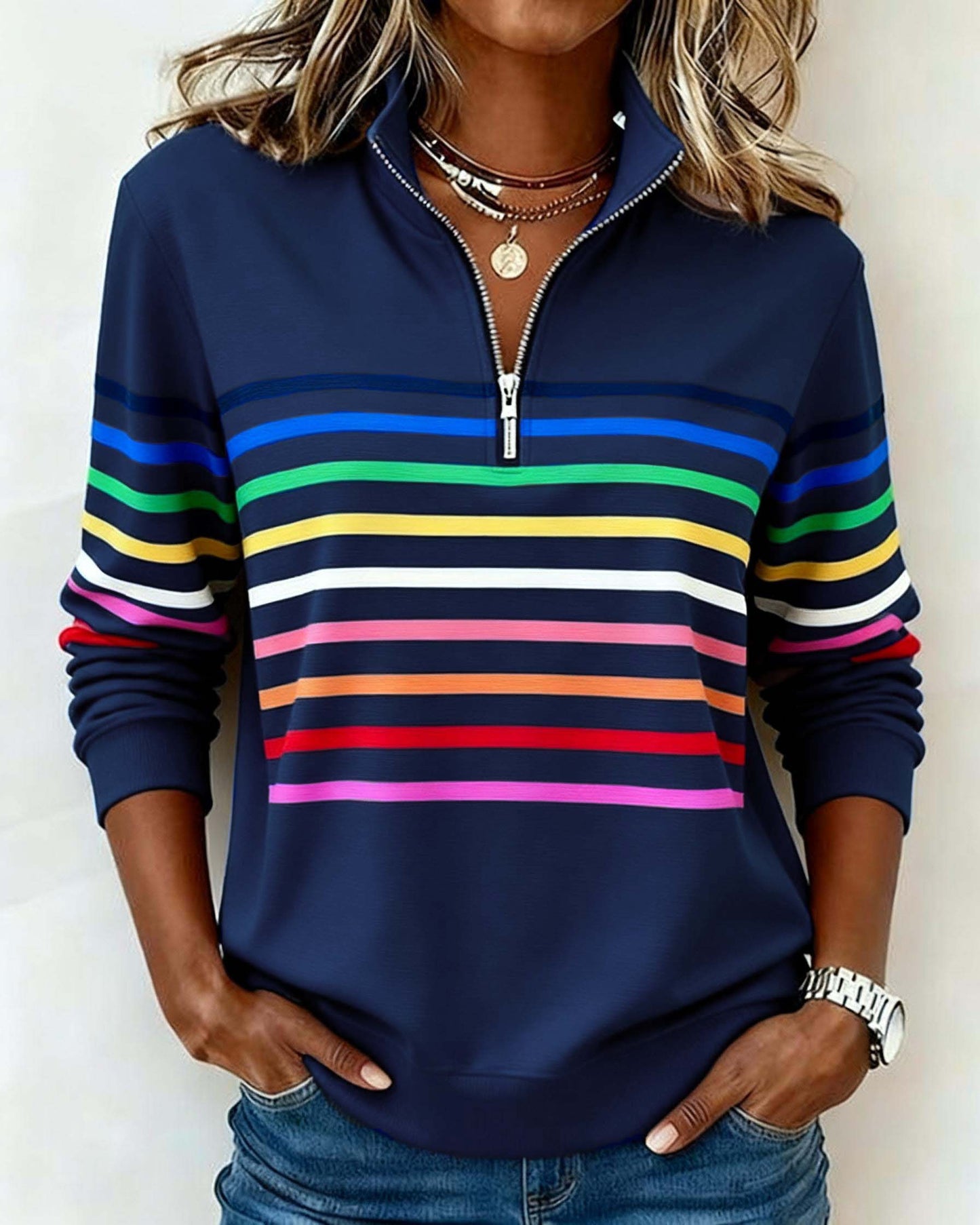 Dames Sweater met Kleurrijke Strepen en Halfhoge Rits Blauw