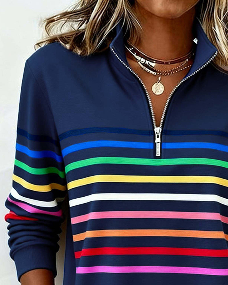 Dames Sweater met Kleurrijke Strepen en Halfhoge Rits