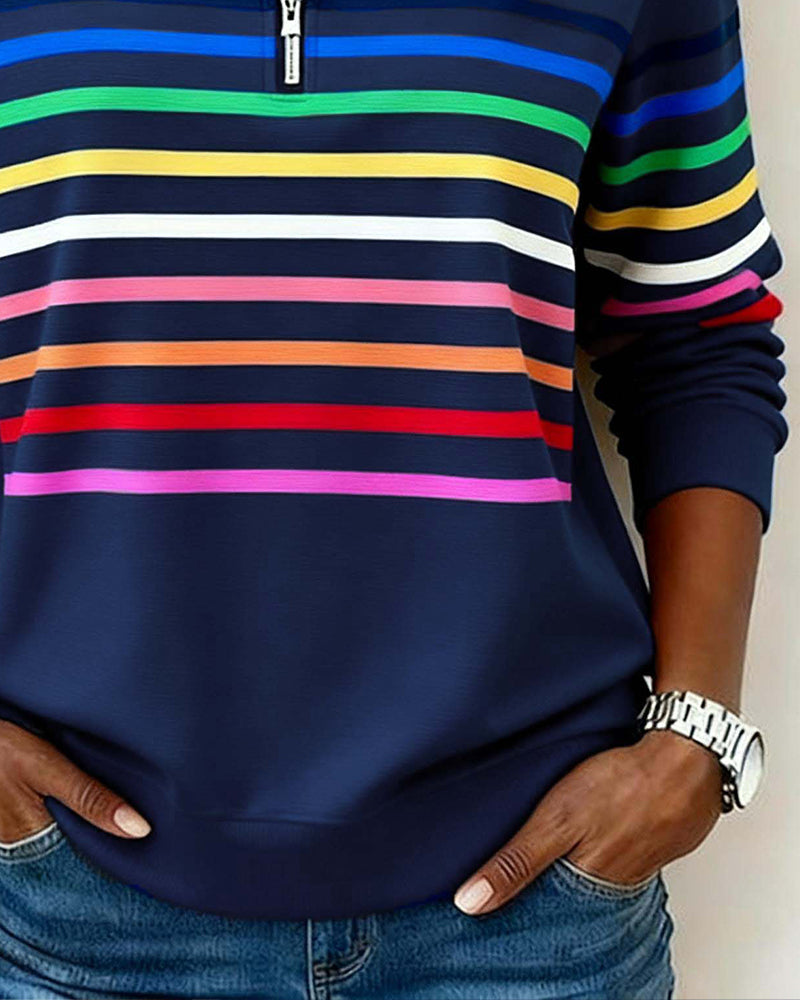 Dames Sweater met Kleurrijke Strepen en Halfhoge Rits