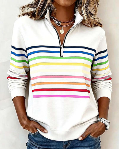 Dames Sweater met Kleurrijke Strepen en Halfhoge Rits Wit