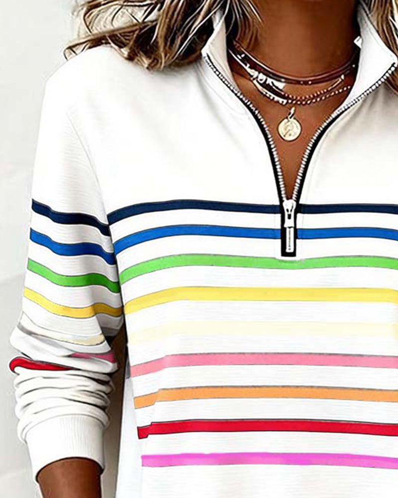Dames Sweater met Kleurrijke Strepen en Halfhoge Rits