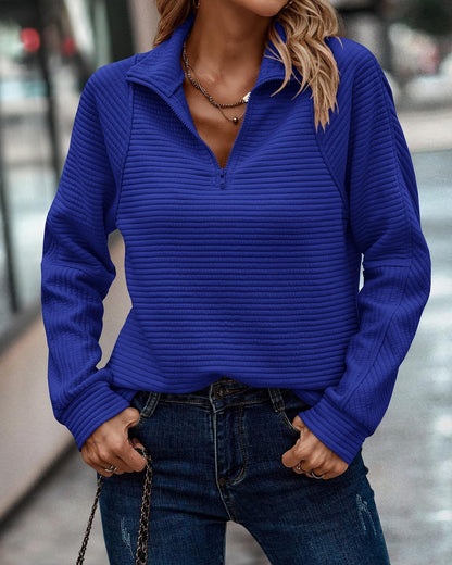 Dames Sweater met Kwart Rits en Opstaande Kraag Lange Mouw Blauw