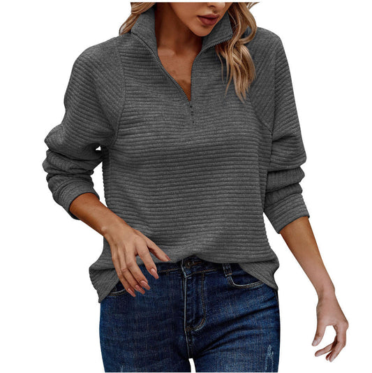 Dames Sweater met Kwart Rits en Opstaande Kraag Lange Mouw Donkergrijs