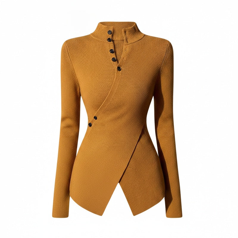 Dames Sweater met Lange Mouw, Staande Kraag en Asymmetrische Zoom