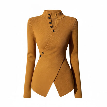 Dames Sweater met Lange Mouw, Staande Kraag en Asymmetrische Zoom