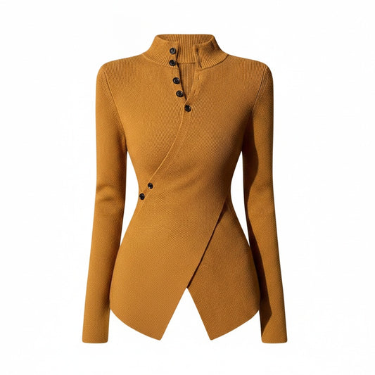 Dames Sweater met Lange Mouw, Staande Kraag en Asymmetrische Zoom