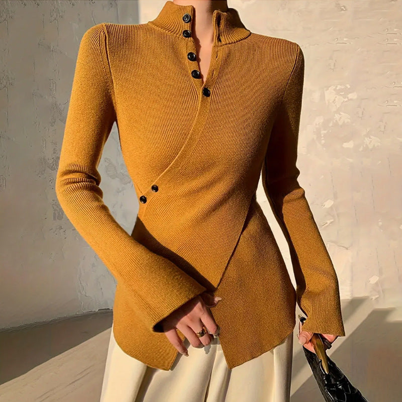 Dames Sweater met Lange Mouw, Staande Kraag en Asymmetrische Zoom Bruin