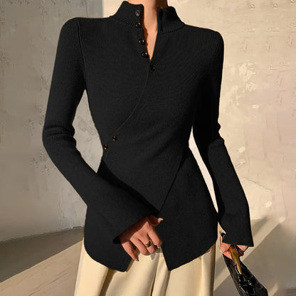 Dames Sweater met Lange Mouw, Staande Kraag en Asymmetrische Zoom Zwart