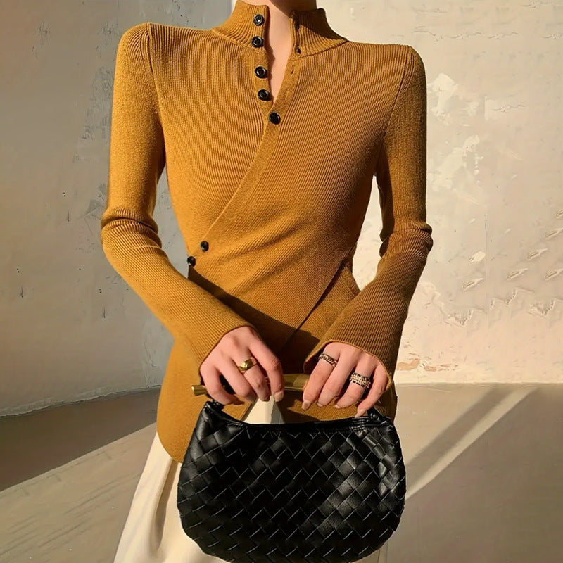 Dames Sweater met Lange Mouw, Staande Kraag en Asymmetrische Zoom