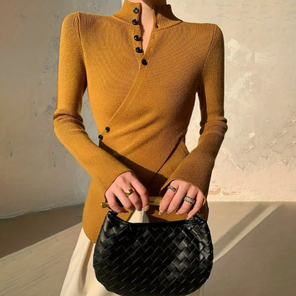 Dames Sweater met Lange Mouw, Staande Kraag en Asymmetrische Zoom