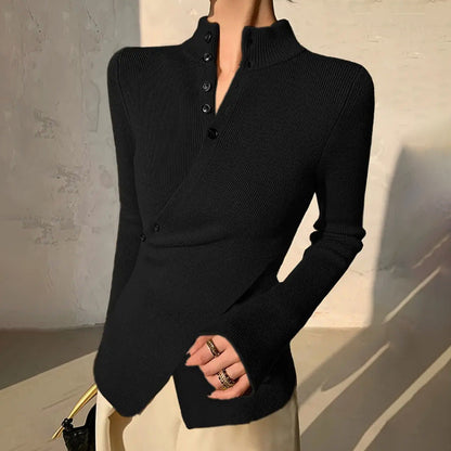 Dames Sweater met Lange Mouw, Staande Kraag en Asymmetrische Zoom