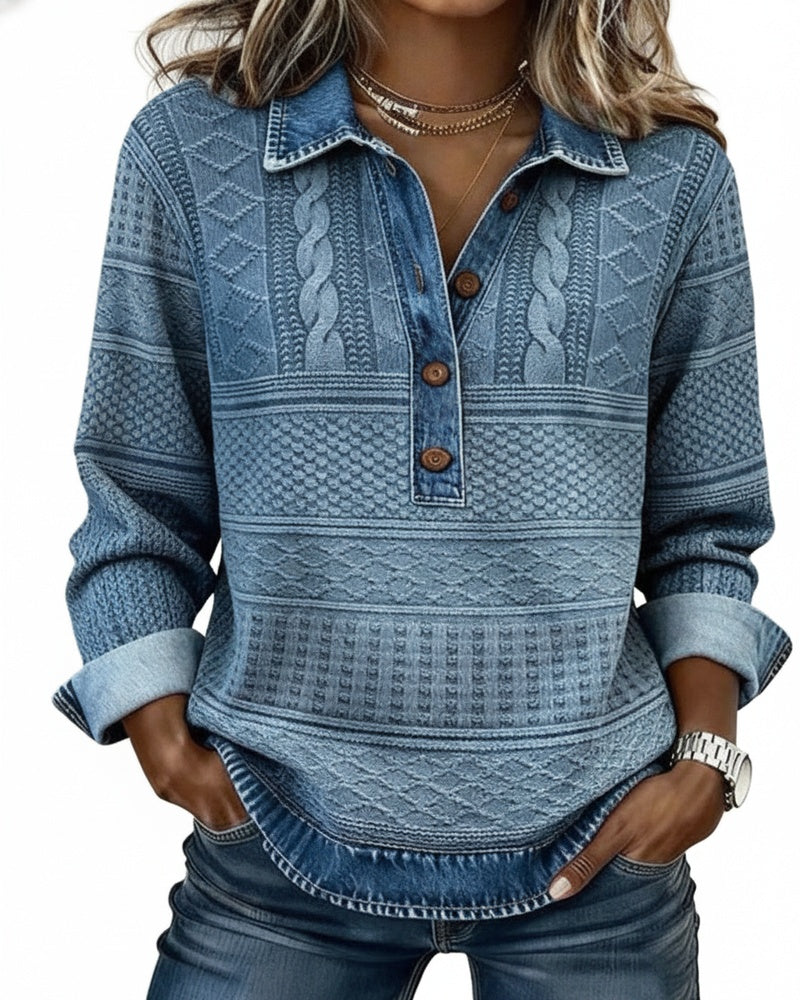 Dames Sweater met Polokraag, Knoopsluiting en Denim Details