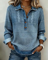 Dames Sweater met Polokraag, Knoopsluiting en Denim Details